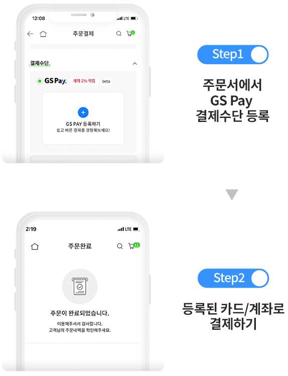 STEP1 주문서에서 GS PAY 결제수단 등록,  STEP2 등록된 카드/계좌로 결제하기